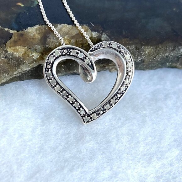Sterling Silver 925 AFJC Diamond Asymmetric Heart Pendant Necklace 18" Chain - Picture 11 of 16